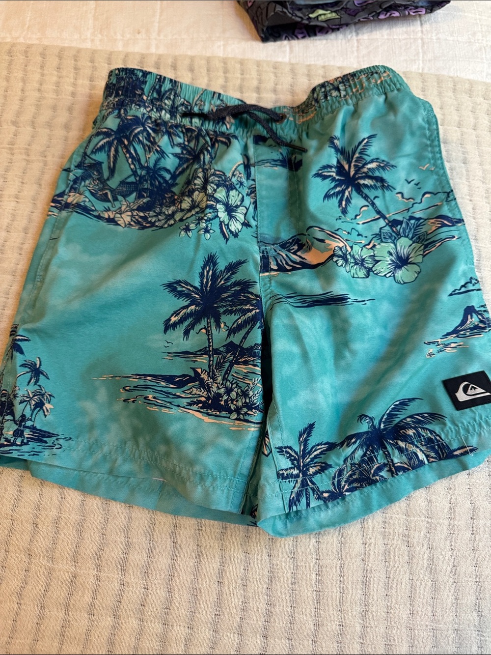 Quiksilver Teal and Navy Tropical Palm Kids Swim Trunks